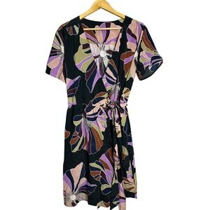 Amour Vert Wrap Dress Floral Print Black Purple Green Silk Midi boho Size Medium